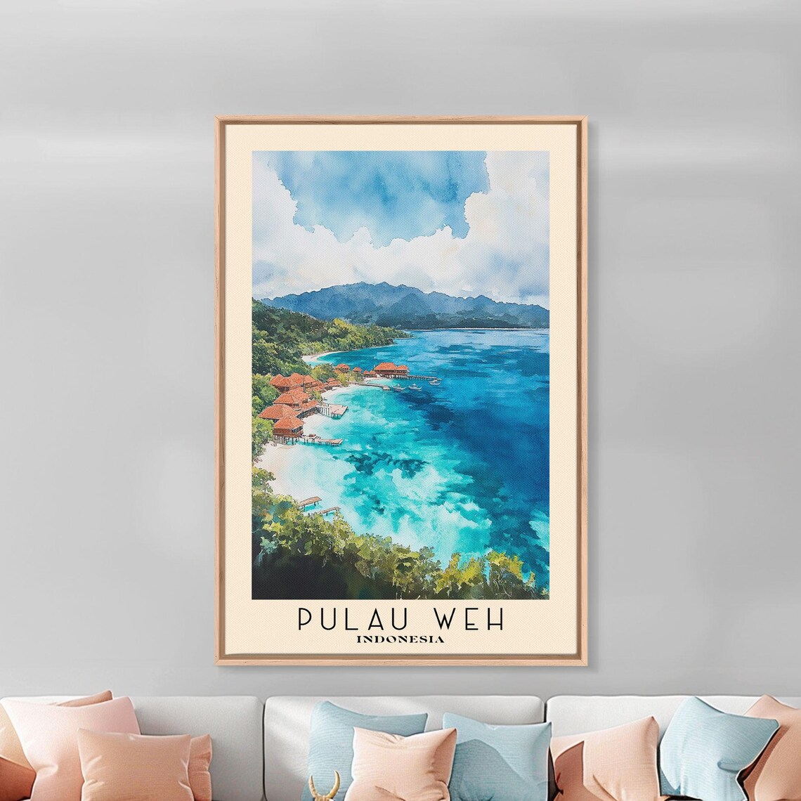 Pulau Weh Indonesia Aerial Overwater Bungalows Turquoise Reef Bay Watercolor Poster - Image 3