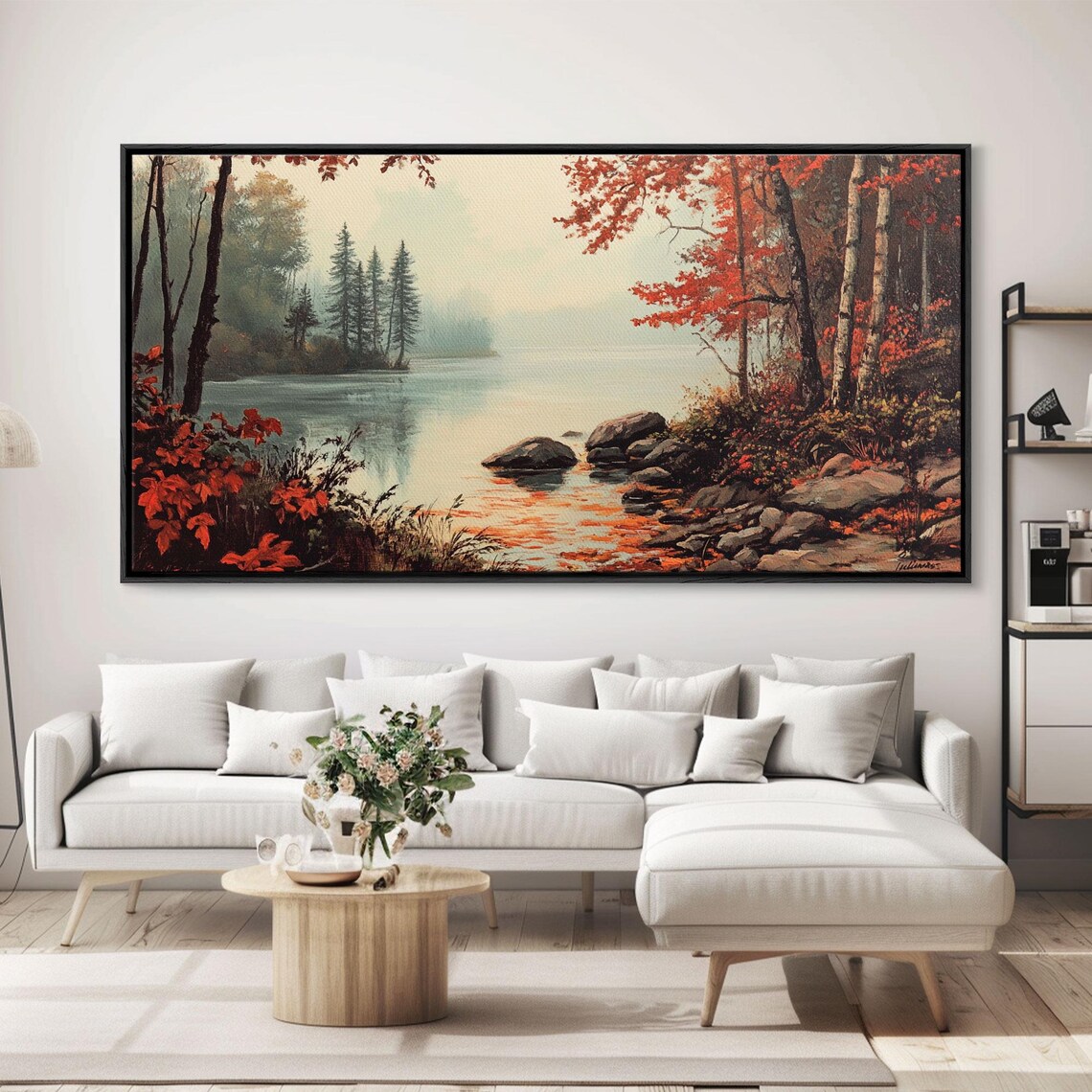 Fall On The River Autumn Lake Red Foliage Pines Misty Landscape Poster
