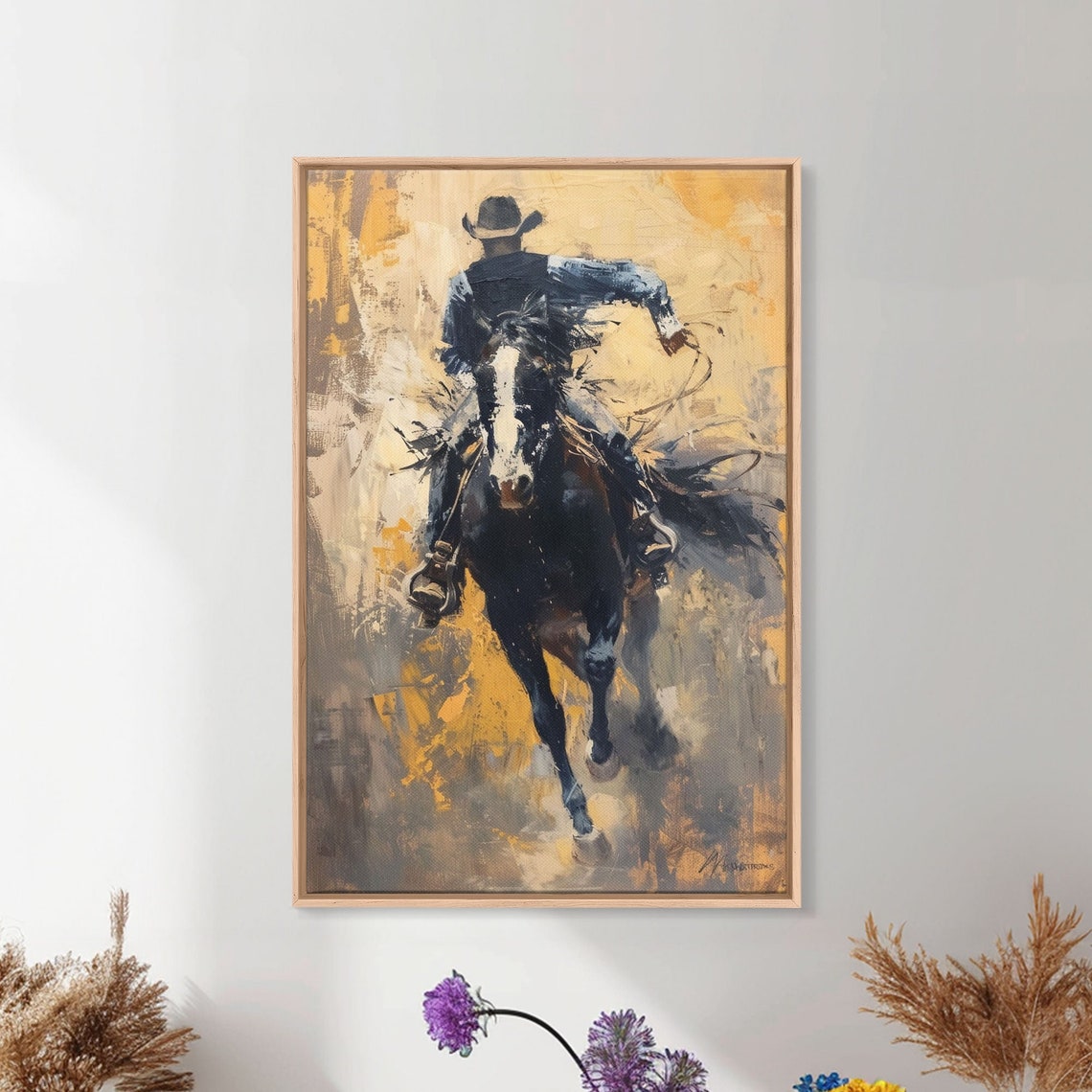 Cowboy Riding Fast Horse Painterly Golden Western Action Poster - Image 4