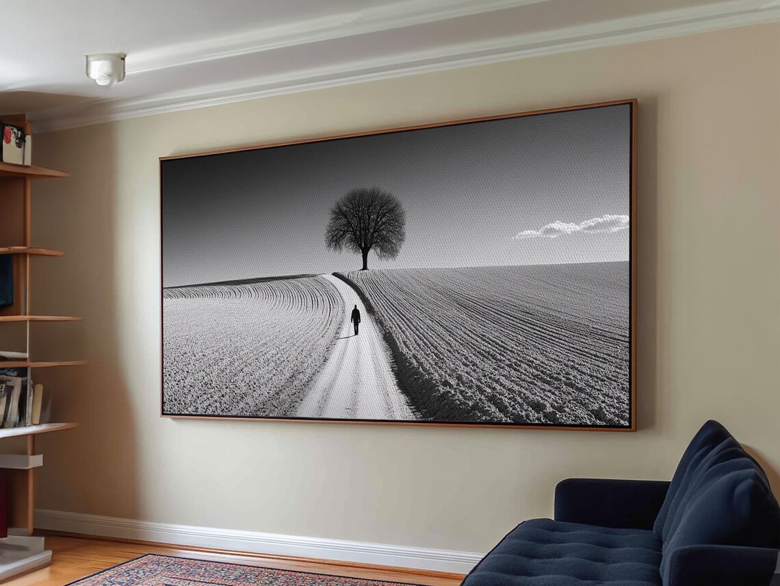 Black And White Lone Tree Country Road Field Minimalist Photo Print - Image 6