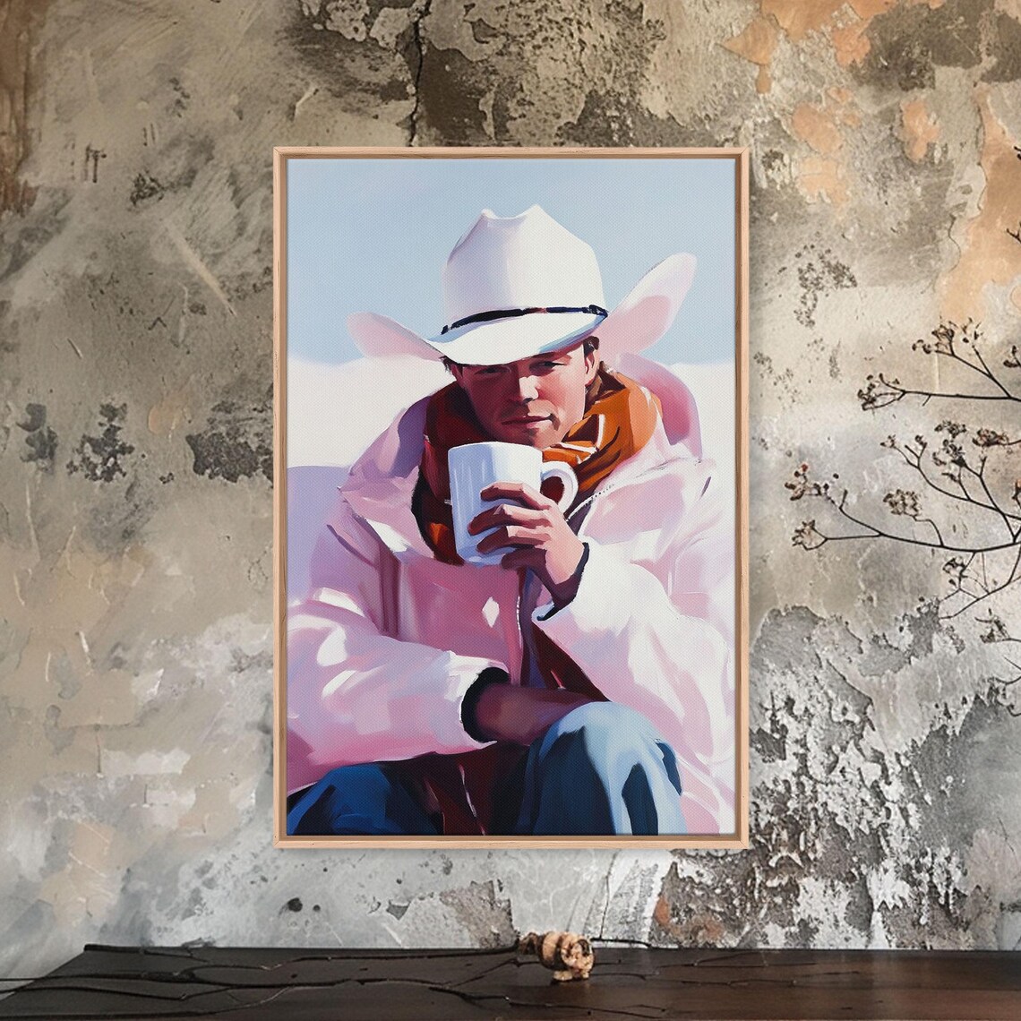 Cowboy In White Hat Holding White Mug Bright Snowy Winter Art Poster - Image 4