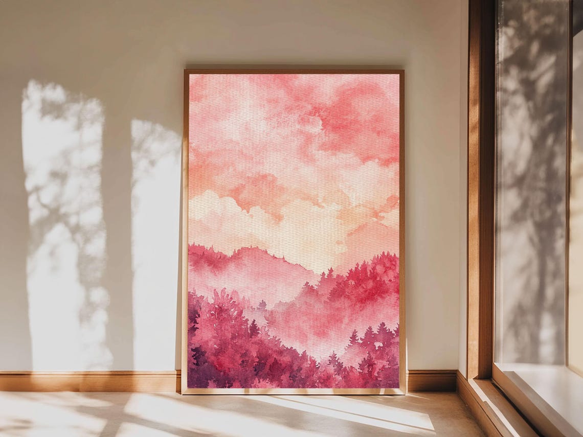 Pink Mountain Forest Sunset Watercolor Landscape Wall Art Print - Image 6