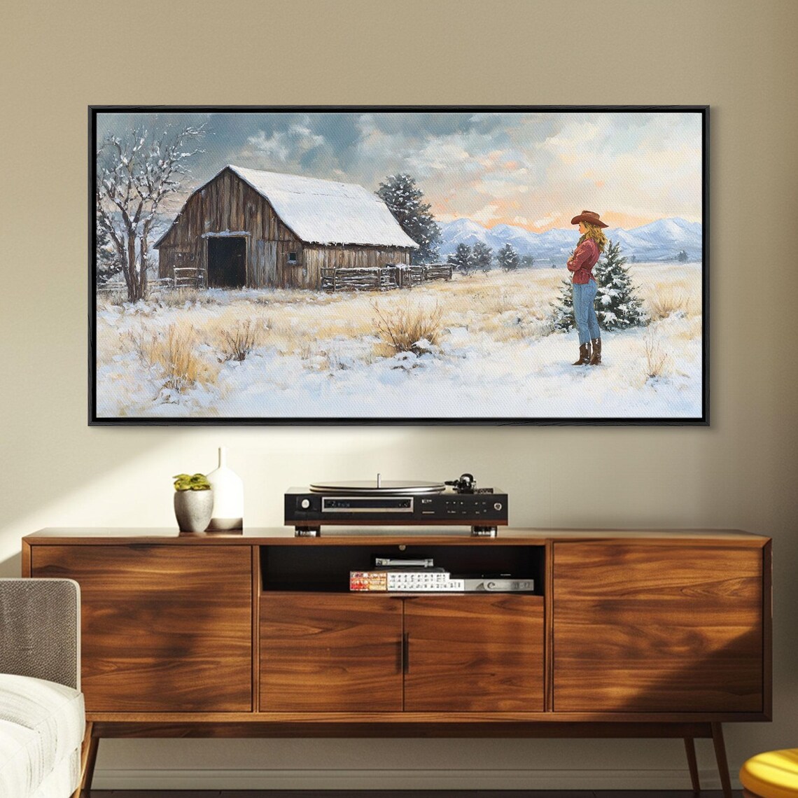 Cowgirl By Snowy Barn In Winter Pasture Mountain Sunrise Art Poster - Image 5