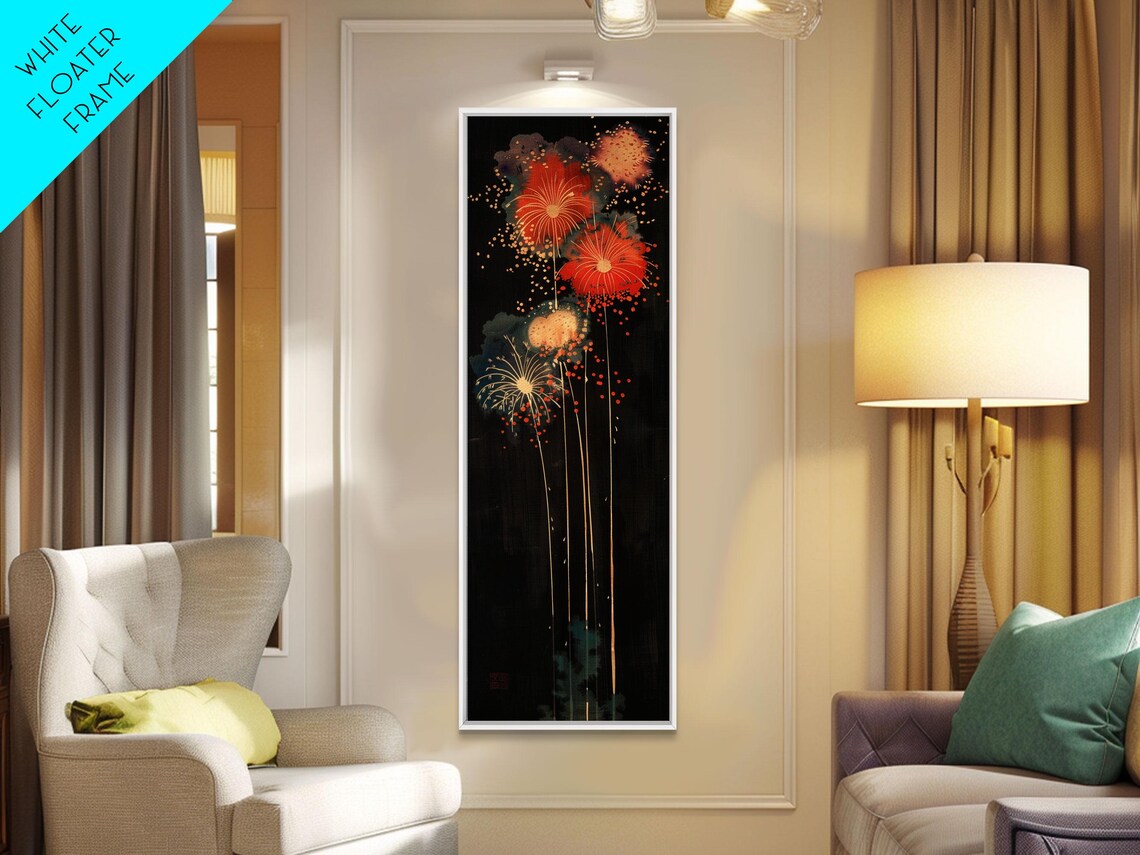 Colorful Fireworks Dark Night Sky Japanese Style Tall Art Poster - Image 3
