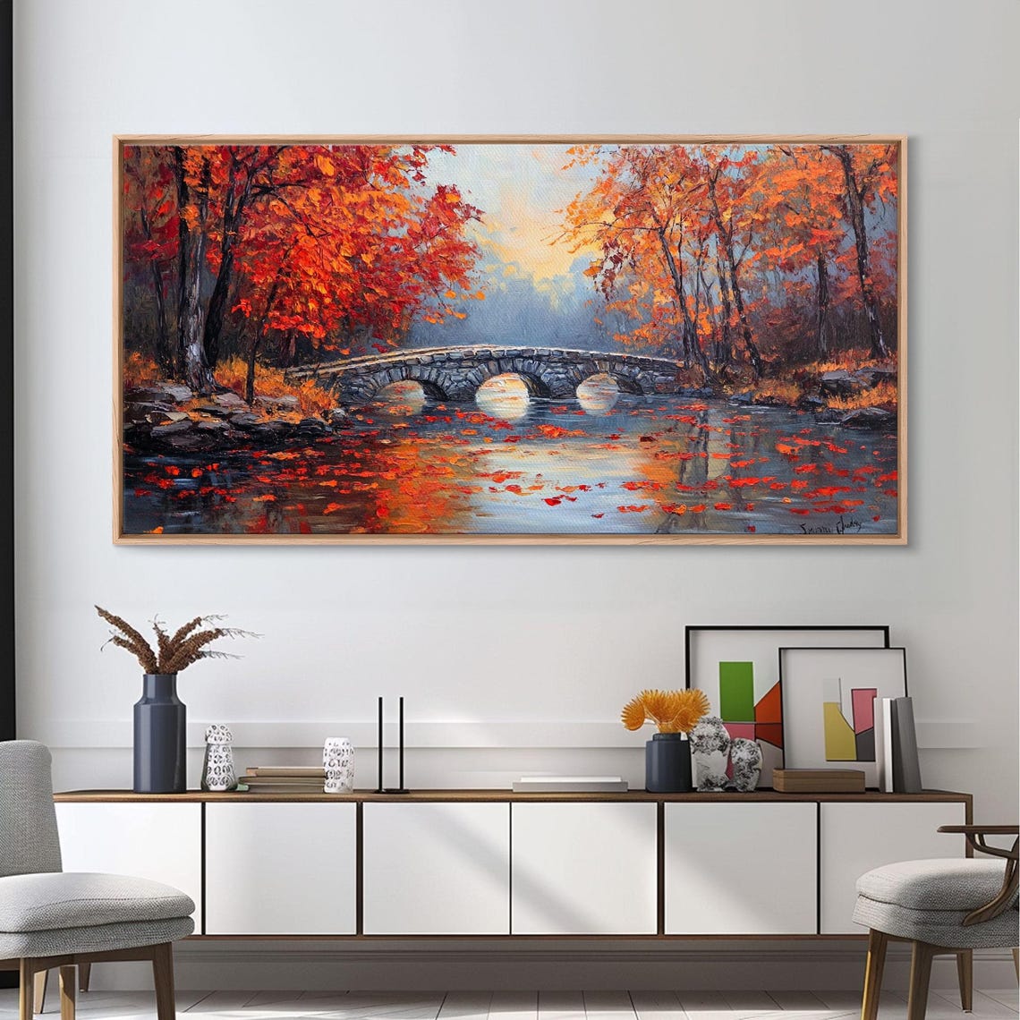Autumn River Stone Bridge Triple Arch Red Trees Impasto Wall Art