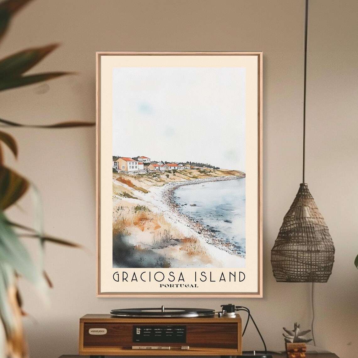 Graciosa Island Portugal Quiet Bay Red Roof Village Watercolor Poster