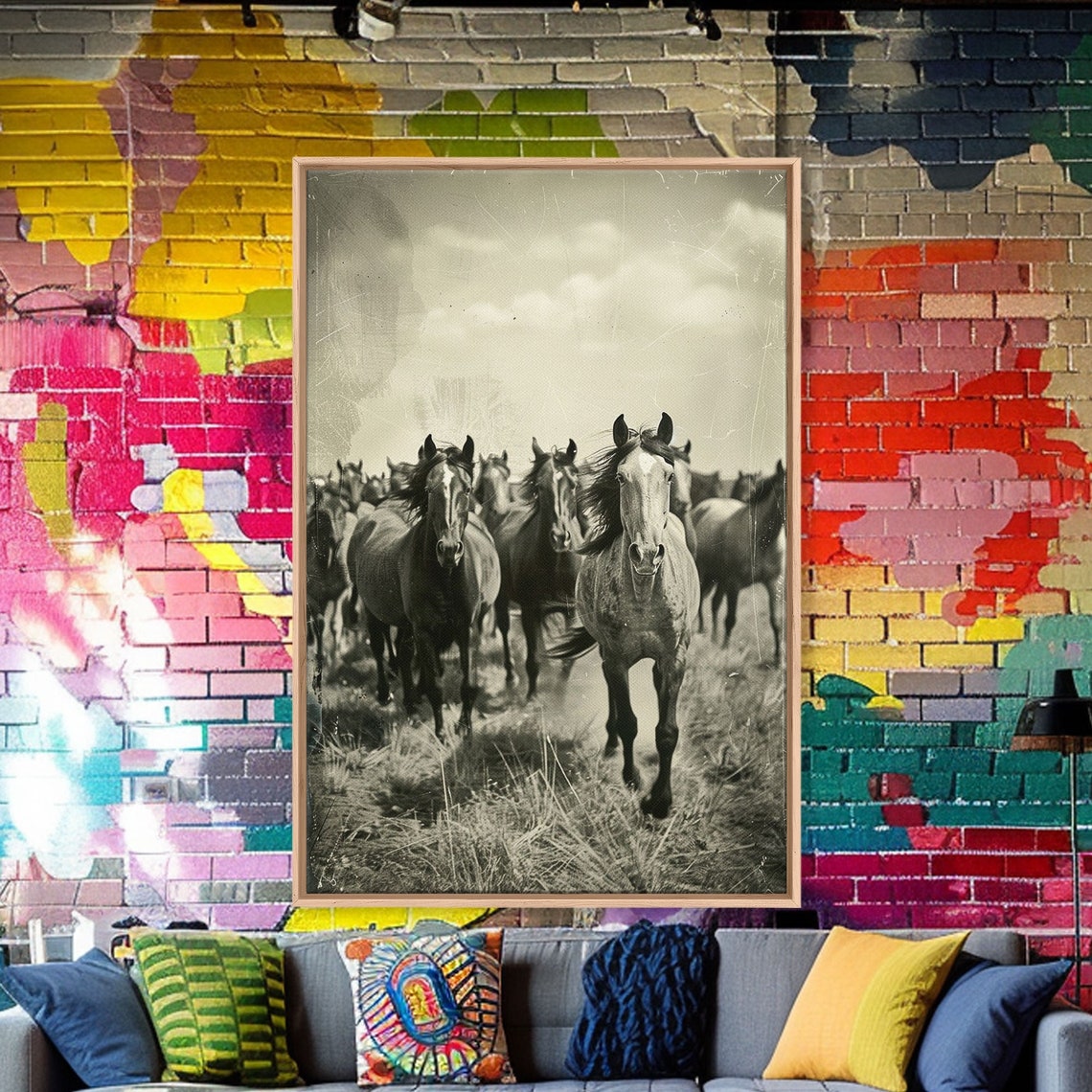 Wild Horses Running Sepia Vintage Herd Prairie Rustic Wall Poster