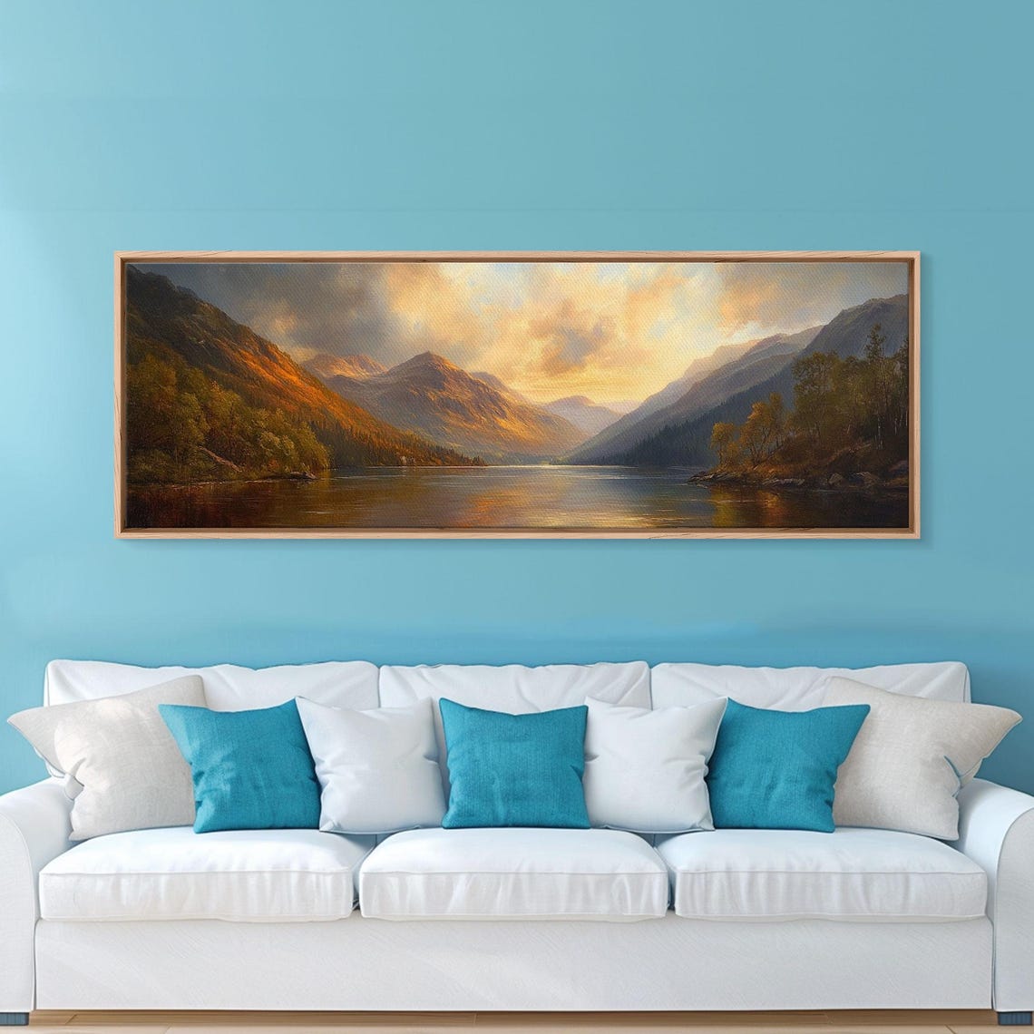 Sunrise Over The Lake Framed Print Boho Style Panoramic Painting Minimalist Wall Art Rustic Farmhouse Home Decor - Image 5