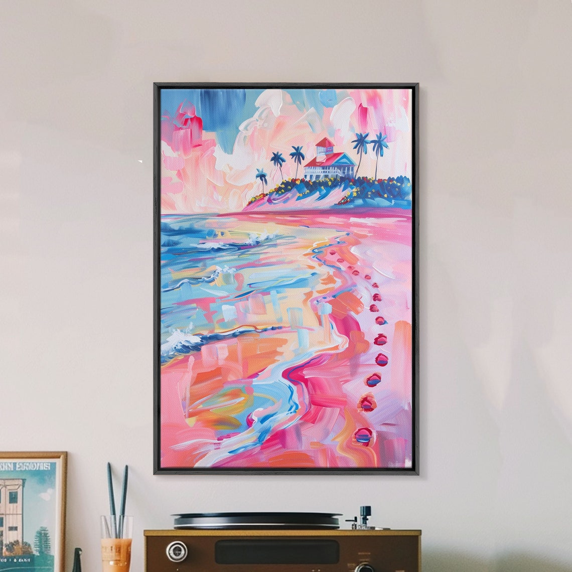 Colorful Tropical Beach Scene With Palm Tree Framed Print Vibrant Coastal Art Living Room Decor Beach Wall Art - Image 3