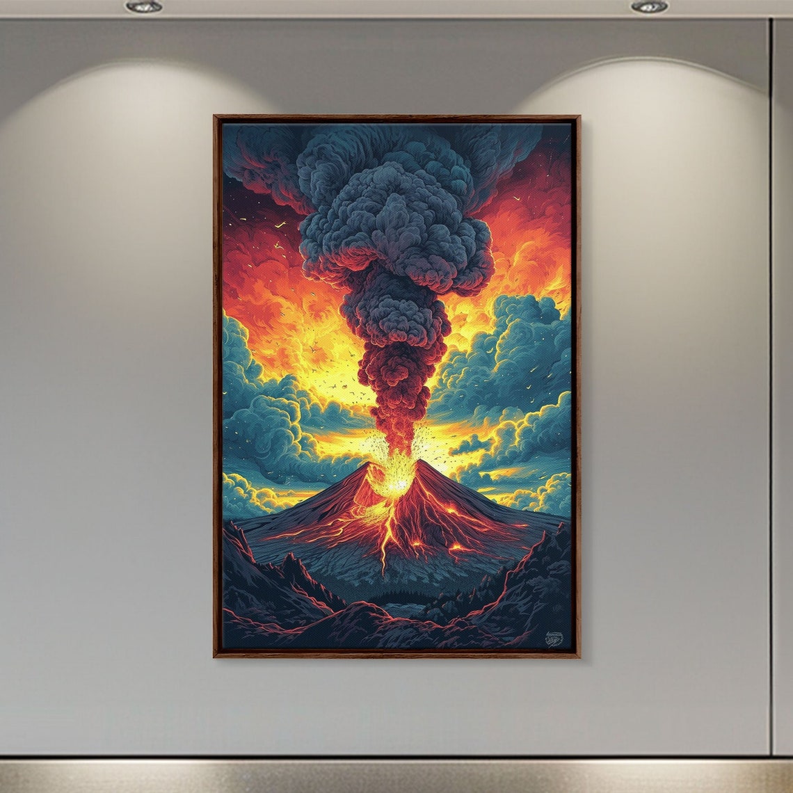 Erupting Volcano Lava Smoke Column Dramatic Sunset Painting Print