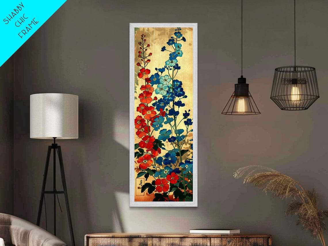 Delphinium Flowers Red Blue Cream Ukiyo E Tall Japanese Art Poster - Image 3