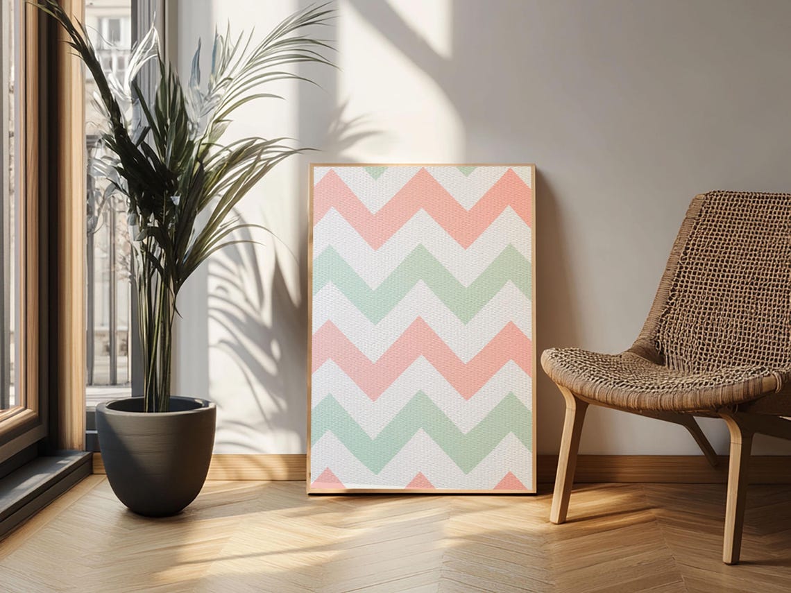 Mint Green Blush Pink Chevron Stripes Pastel Geometric Wall Art - Image 2