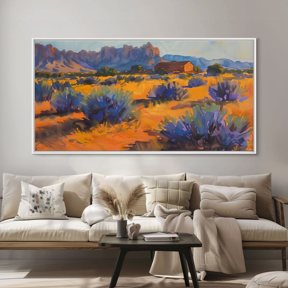 Golden Desert Sagebrush Meadow Mountain Barn Landscape Painting Poster - Image 5
