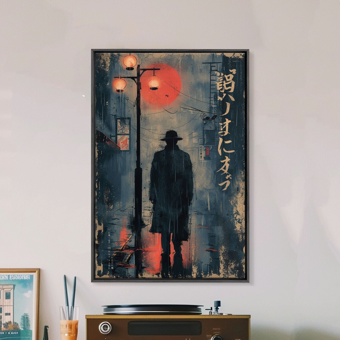 Japanese Detective Noir Art Print Rainy Night Street Lamp Red Moon Mystery Poster - Image 2
