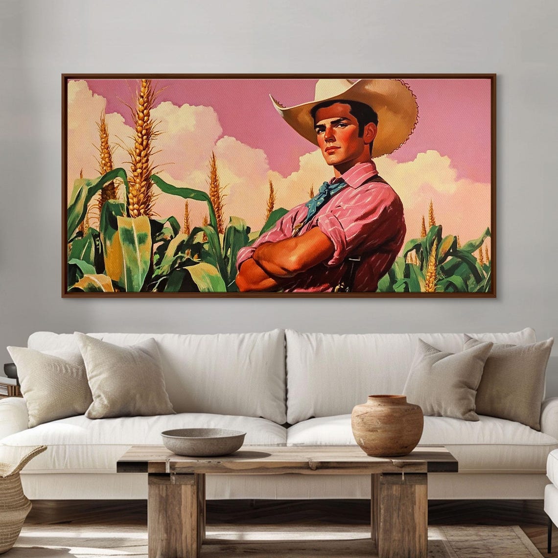 Surreal Cowboy Art Farmer Amongst The Corn Framed Print Farmhouse Pop Art Rustic Boho Style 1950s Retro Art - Image 3
