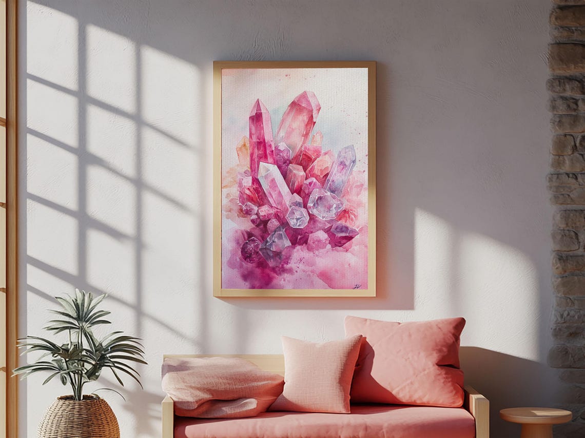 Pink Crystal Cluster Watercolor Gemstone Healing Spiritual Wall Art - Image 2