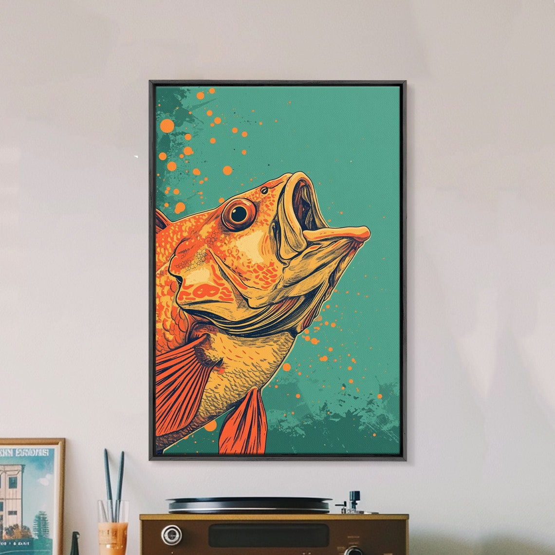 Leaping Orange Fish Mouth Open Stylized Illustration Wall Art Print - Image 4