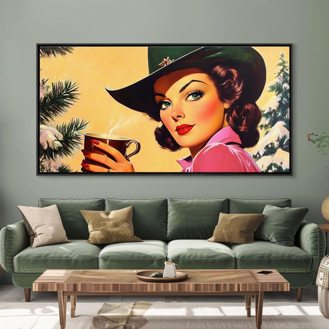 Retro Cowgirl In Green Hat With Coffee Snowy Winter Pines Pinup Poster - Image 3