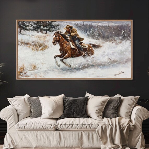 Cowboy Galloping Through Deep Snow On Horseback Winter Action Poster