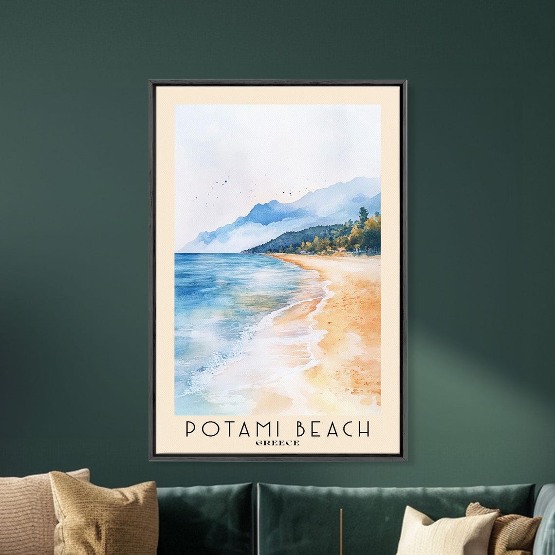 Potami Beach Greece Golden Sand Curve Blue Sea Mountain View Poster - Image 5