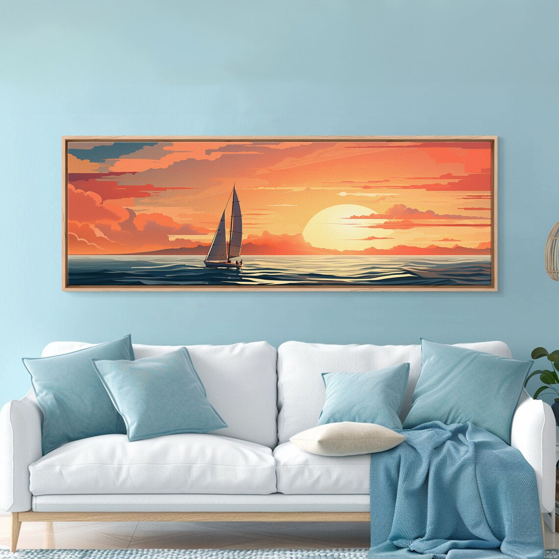Sailboat Sunset Orange Sky Teal Ocean Retro Nautical Illustration Poster - Image 2