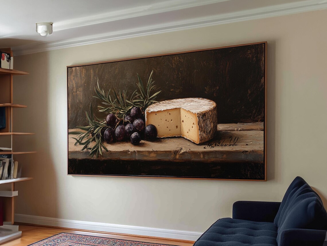 Cheese Wheel Figs Rosemary Rustic Table Vintage Oil Painting Print