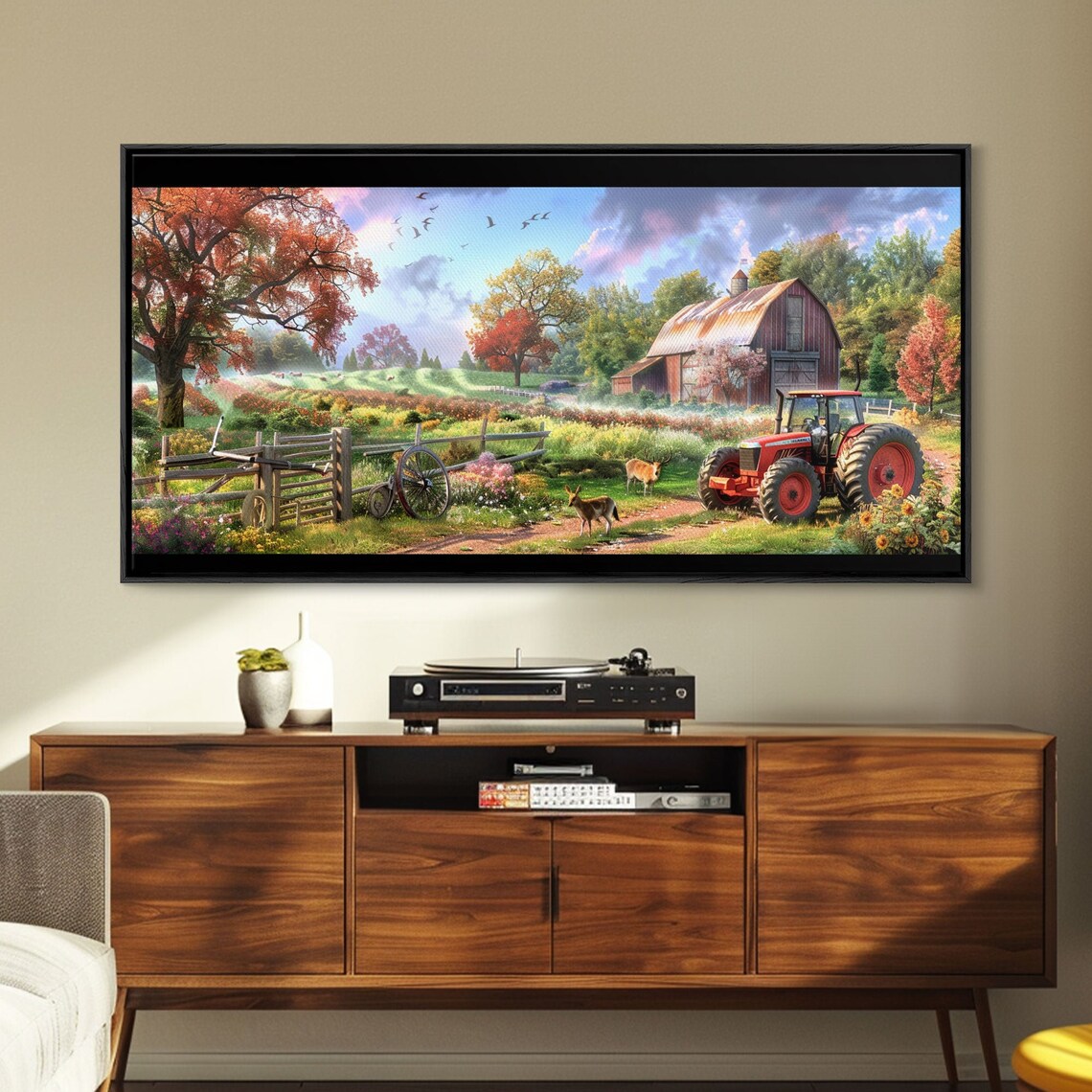 Autumn Farm Red Barn Red Tractor Country Harvest Scene Painting Poster - Image 3
