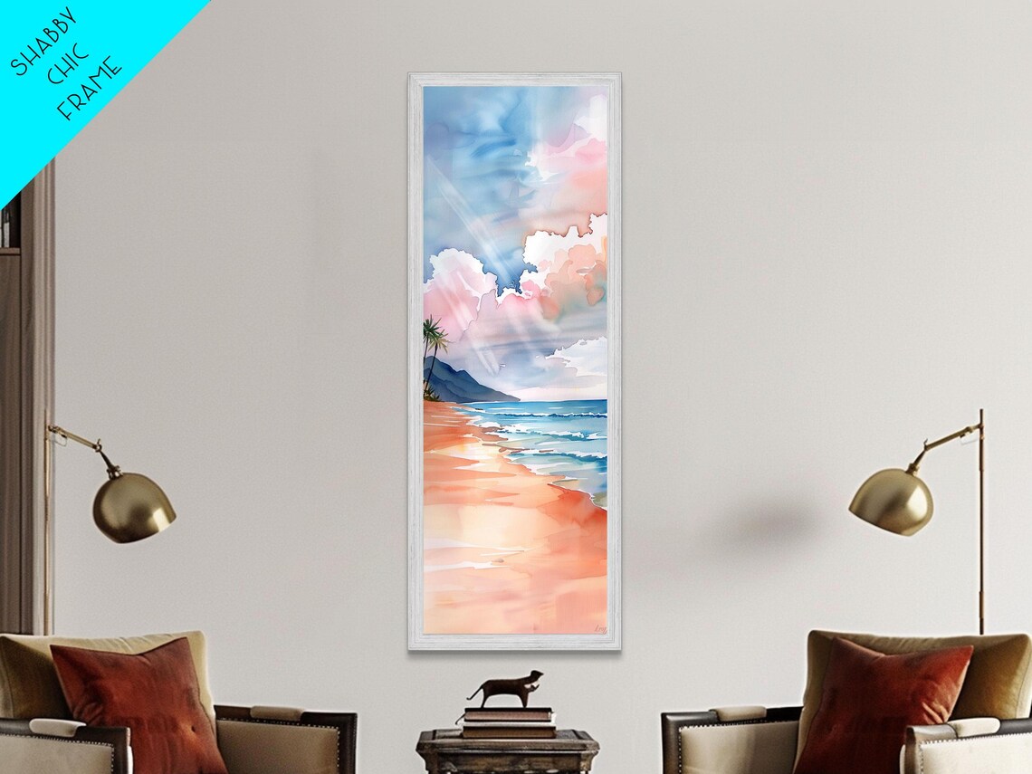 Soft Watercolor Shoreline With Pink Sand Beach And Billowing Clouds Travel Poster