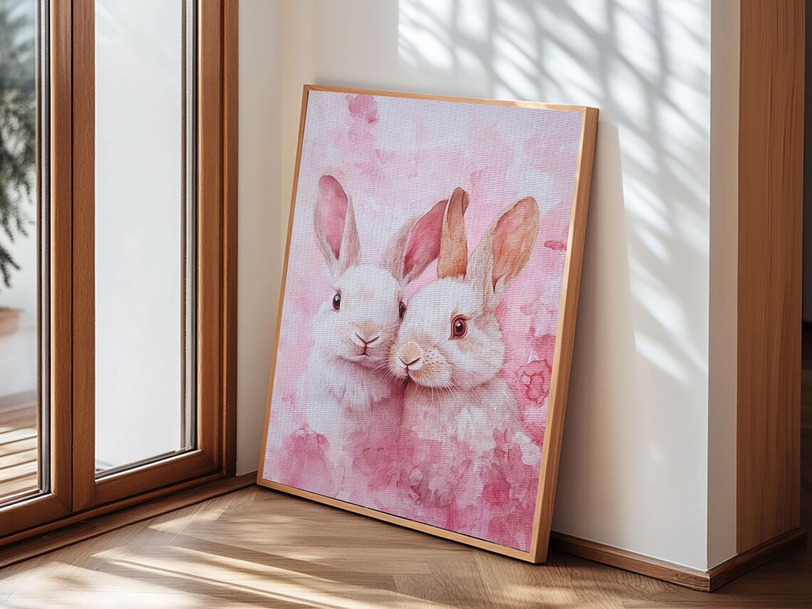 Two White Bunnies Cuddling Sweet Pink Watercolor Animal Wall Art