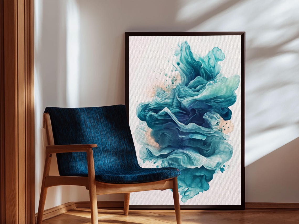Abstract Teal Ocean Waves Watercolor Flowing Coastal Zen Wall Art - Image 3