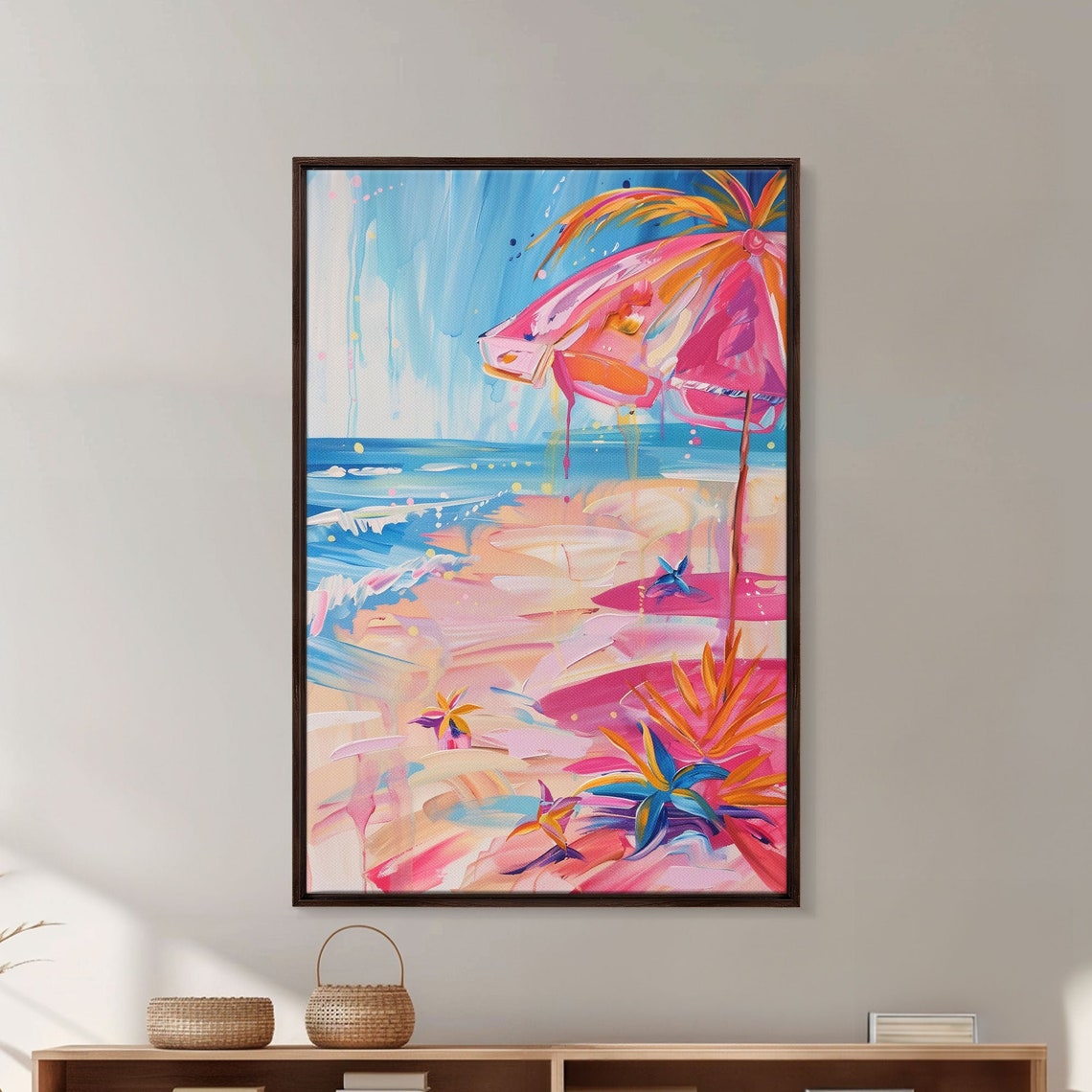 Tropical Beach Pink Umbrella Palm Ocean Coastal Summer Art Poster