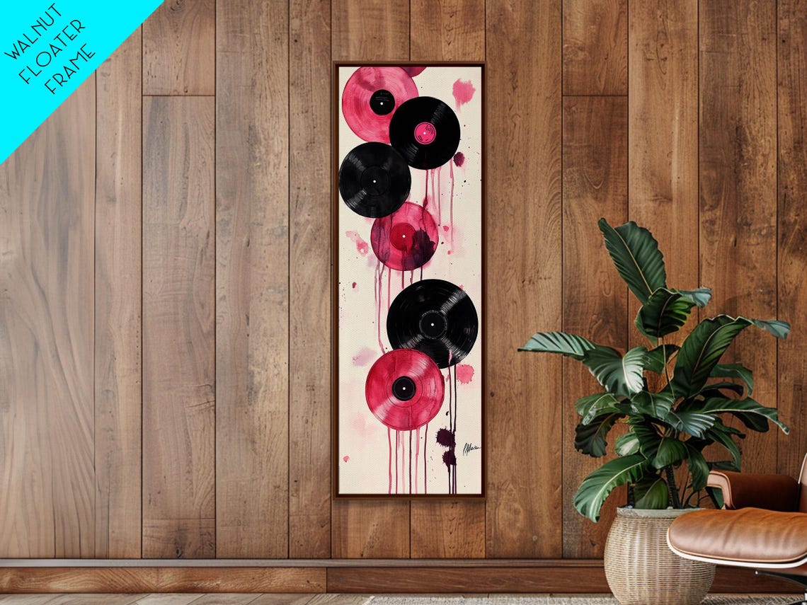 Black Pink Vinyl Records Paint Drip Retro Music Vertical Art Poster
