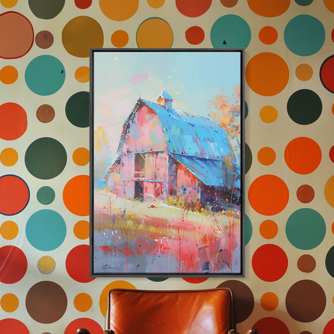 Pastel Pink Barn Blue Roof Wildflower Country Art Wall Poster - Image 3