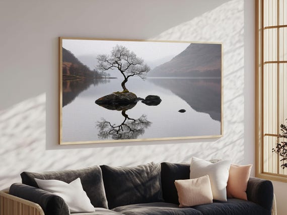 Lone Bonzai Tree On An Island Framed Print Ready To Hang Wall Art Wabi Sabi Landscape Painting Japanese Style Wall Art