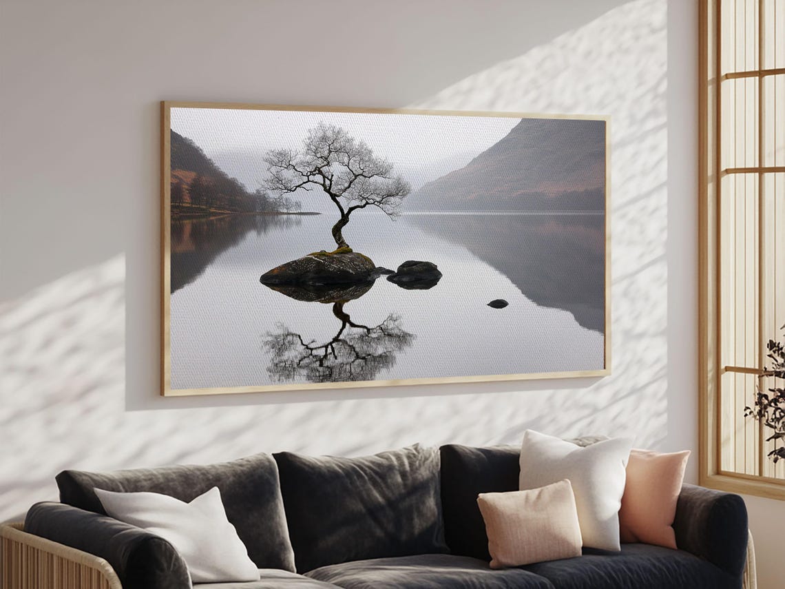 Lone Tree Rock Island Mirror Lake Misty Mountain Reflection Poster