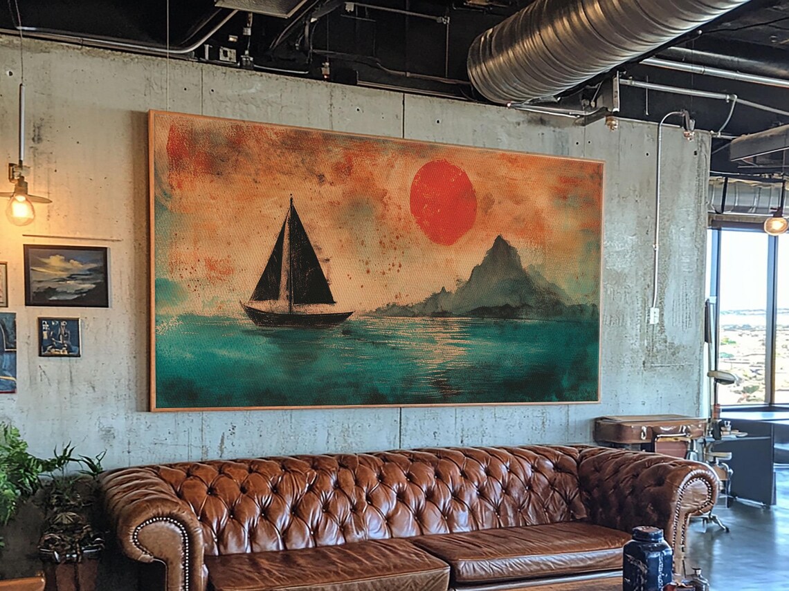 Sailboat Silhouette Under Red Sun Teal Sea Wabi Sabi Painting Wall Art