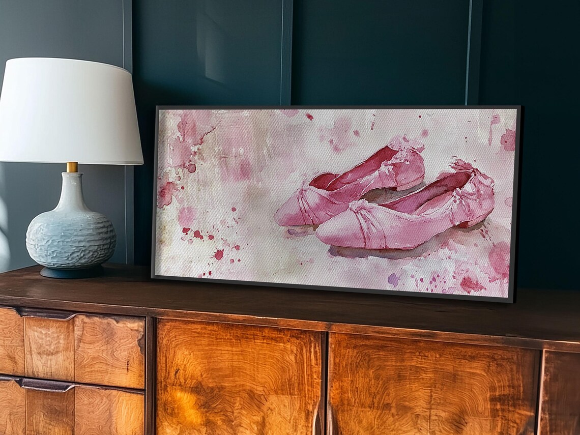 Pink Ballet Slippers Watercolor Satin Dance Shoes Feminine Panoramic Art - Image 3