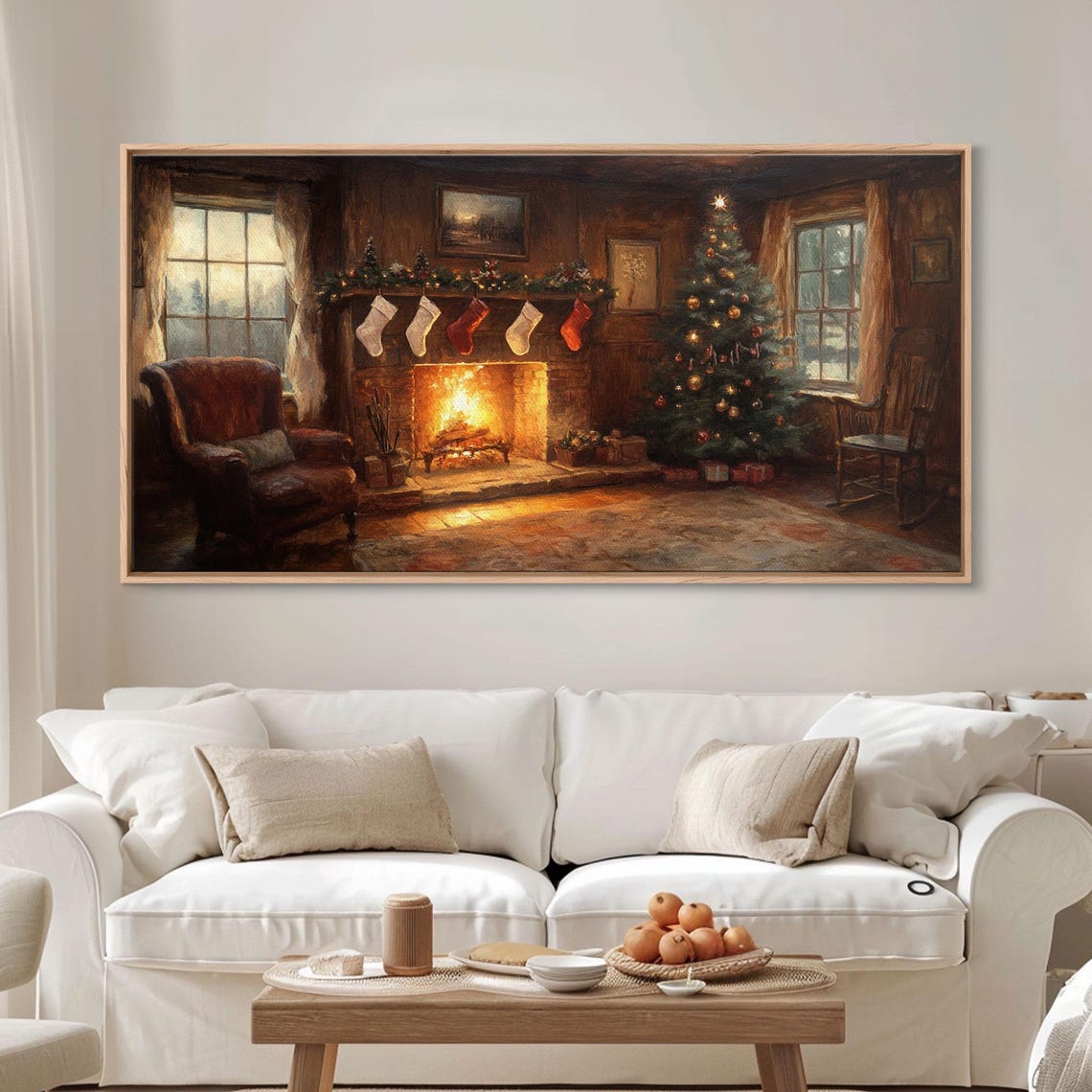 Christmas Fireplace Stockings Tree Leather Chair Vintage Wall Art - Image 5