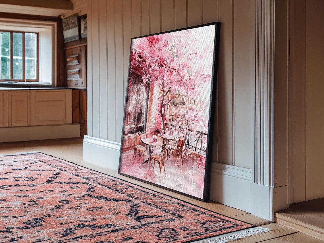 Cherry Blossom Cafe Street Scene Pink Watercolor Romantic Art Poster