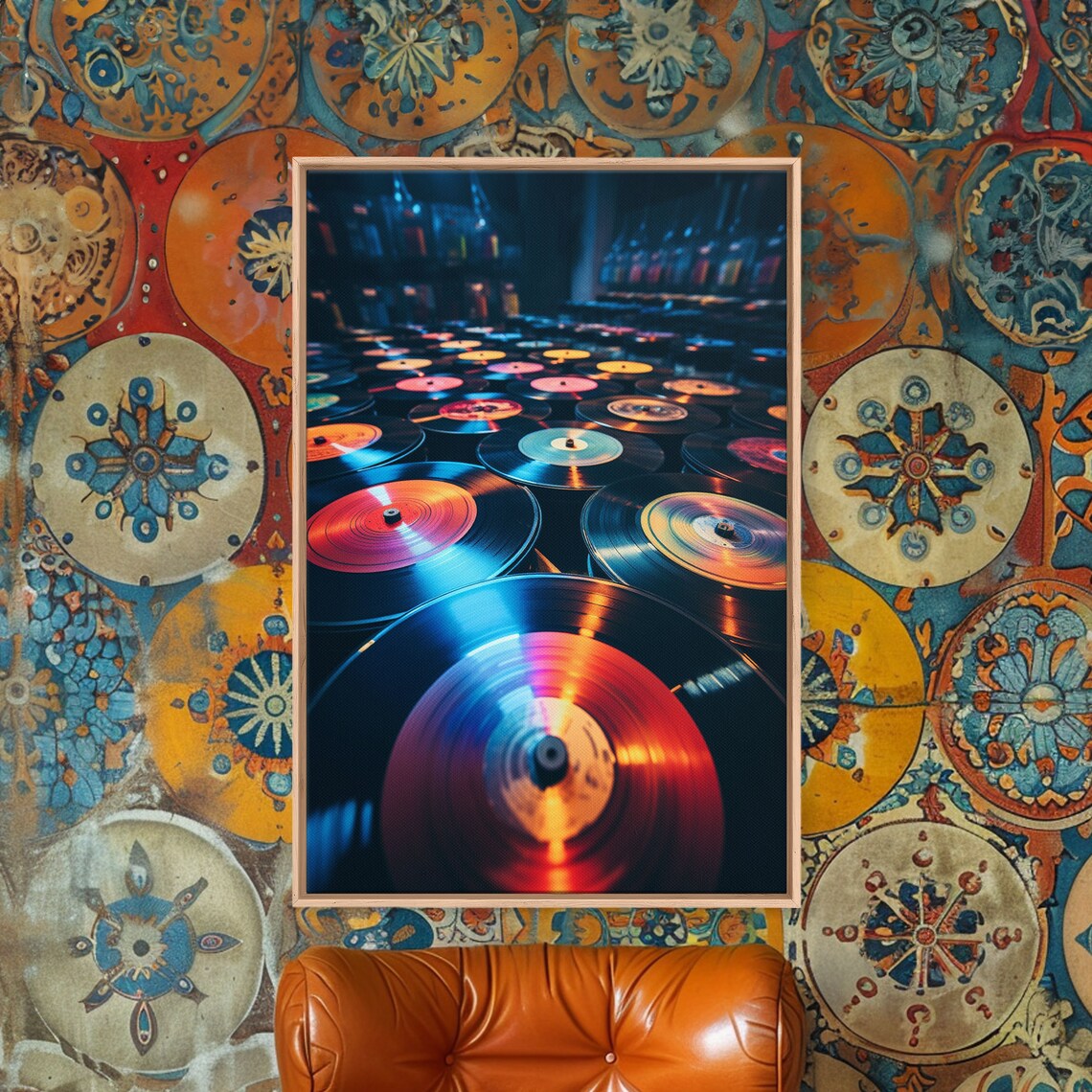 Vinyl Records Close Up Moody Blue Red Glow Music Room Wall Art Poster - Image 3
