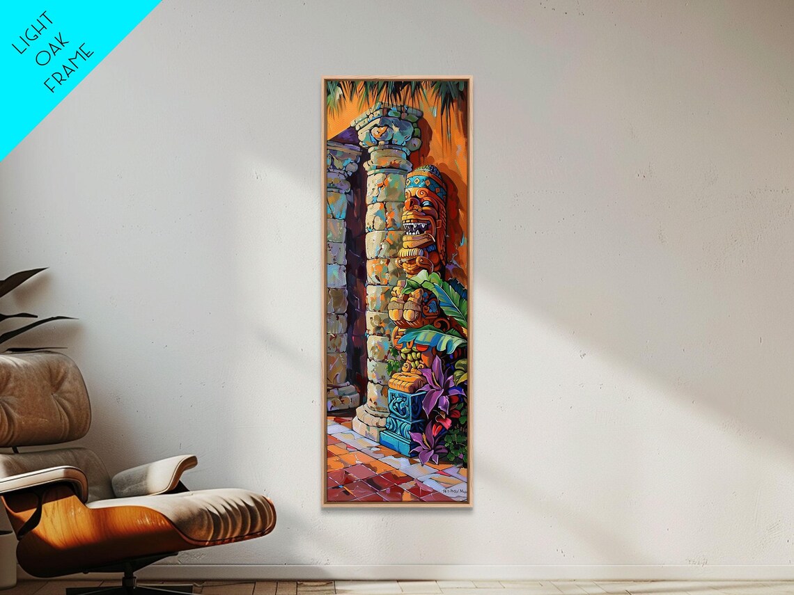 Colorful Tiki Totem Statue Tropical Sunset Courtyard Wall Art Poster - Image 3