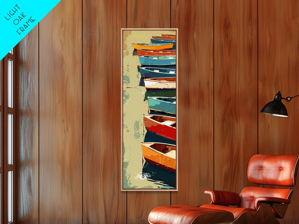 Row Of Colorful Boats On Calm Water Reflections Nautical Tall Wall Art - Image 2