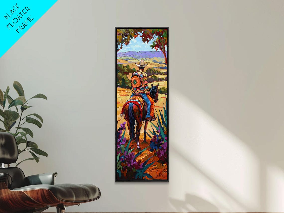 Long Narrow Wall Art Painting Of Jalisco Cowboy Southwest Wall Art Painting Colorful Desert Painting Framed And Printed Office Art - Image 3