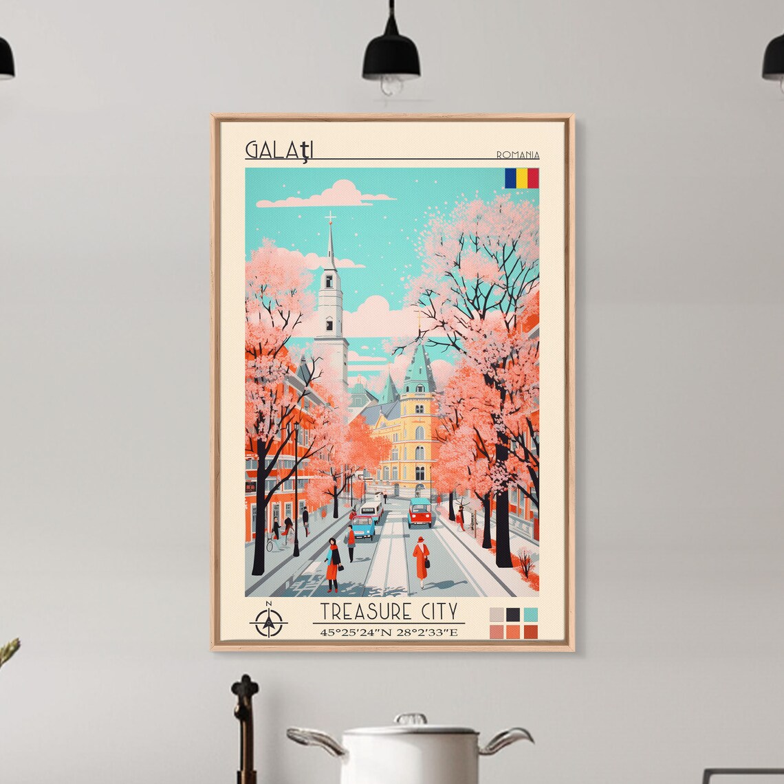 Galati Romania Pink Blossom Avenue Church Spire Spring View Poster - Image 2