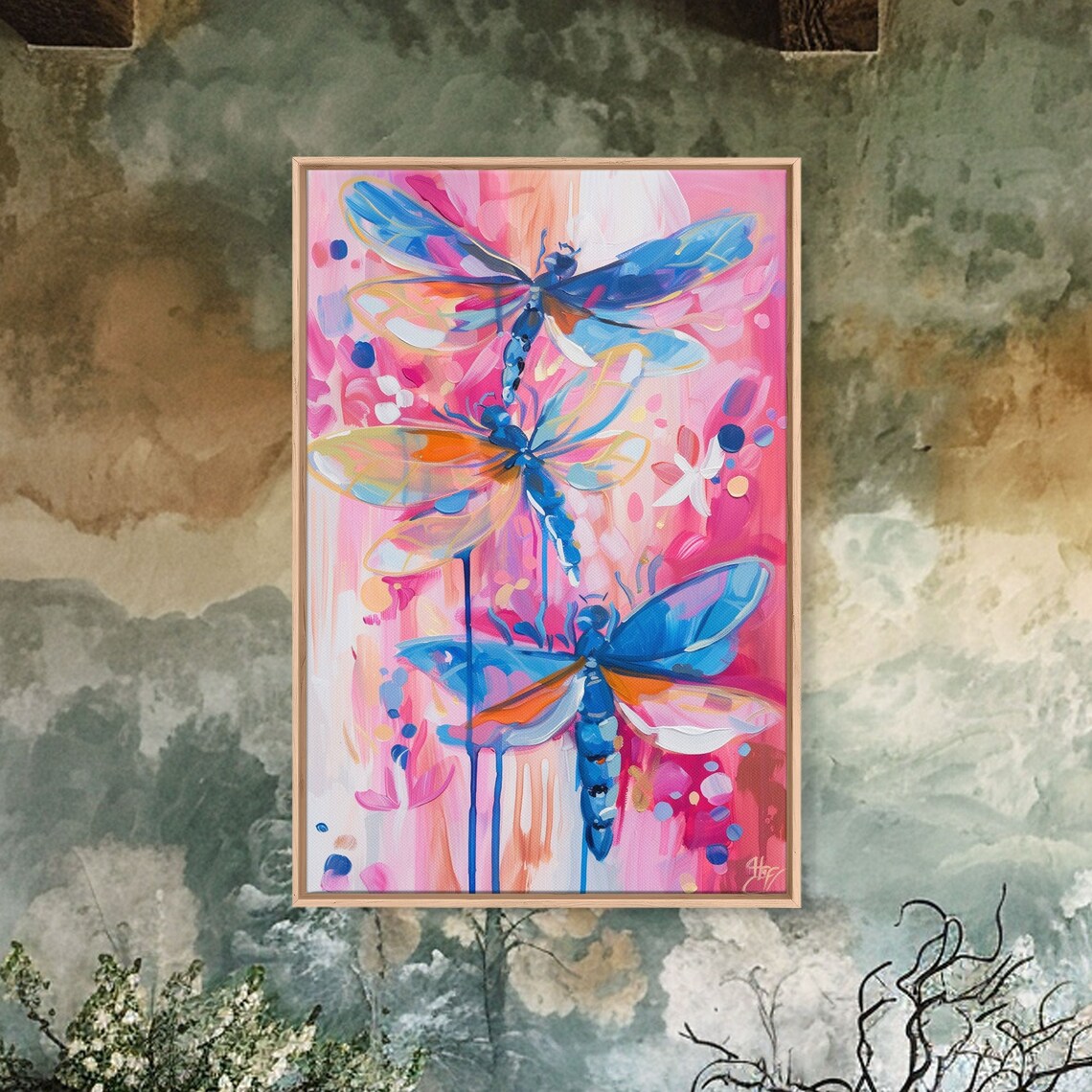 Trio Of Vivid Blue Dragonflies On Pink Abstract Nature Art Poster - Image 4