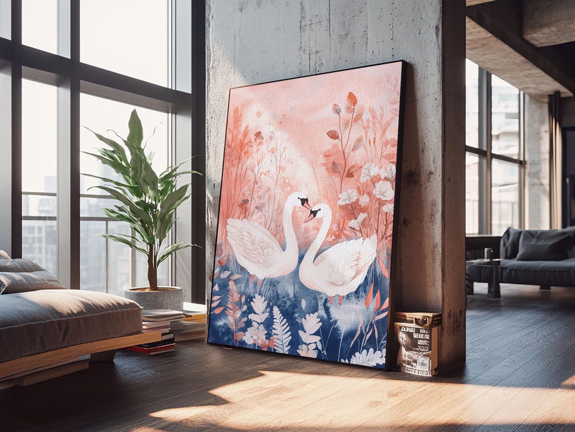 White Swans Pair Pink Pond Floral Watercolor Romantic Bird Wall Art - Image 5