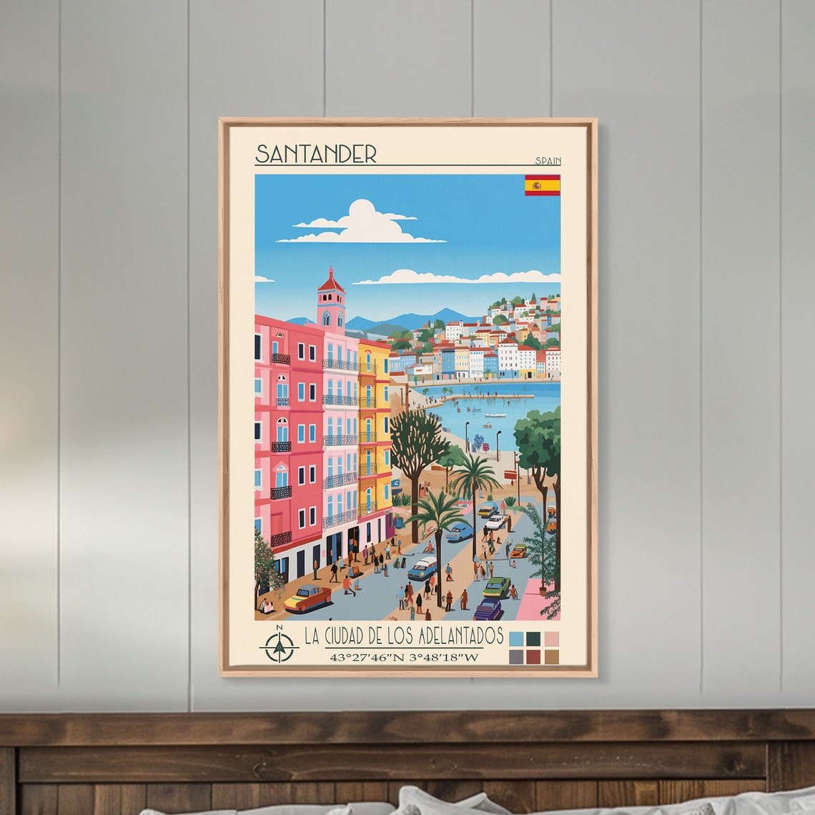 Santander Spain Bay Harbor Colorful Hillside Street View Travel Poster