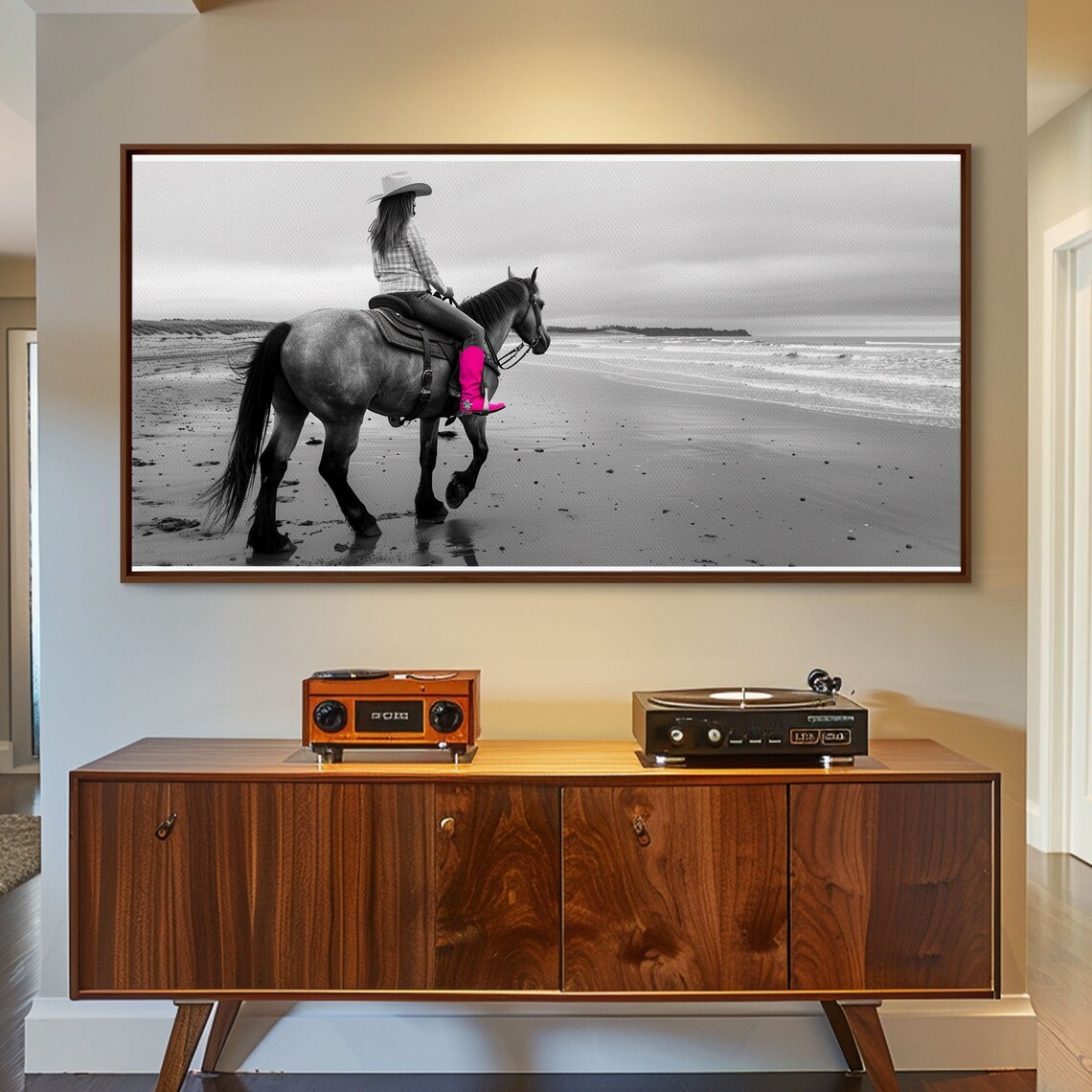 Cowgirl On Horseback At The Beach With Pink Boots Black White Print