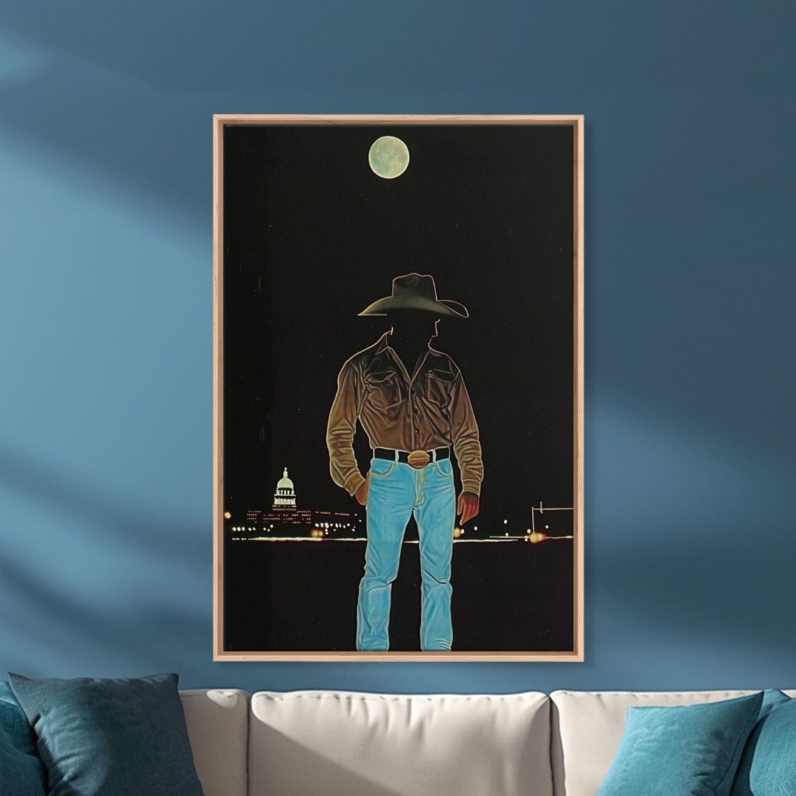 Cowboy Under Full Moon At Night With City Skyline Lights Art Poster