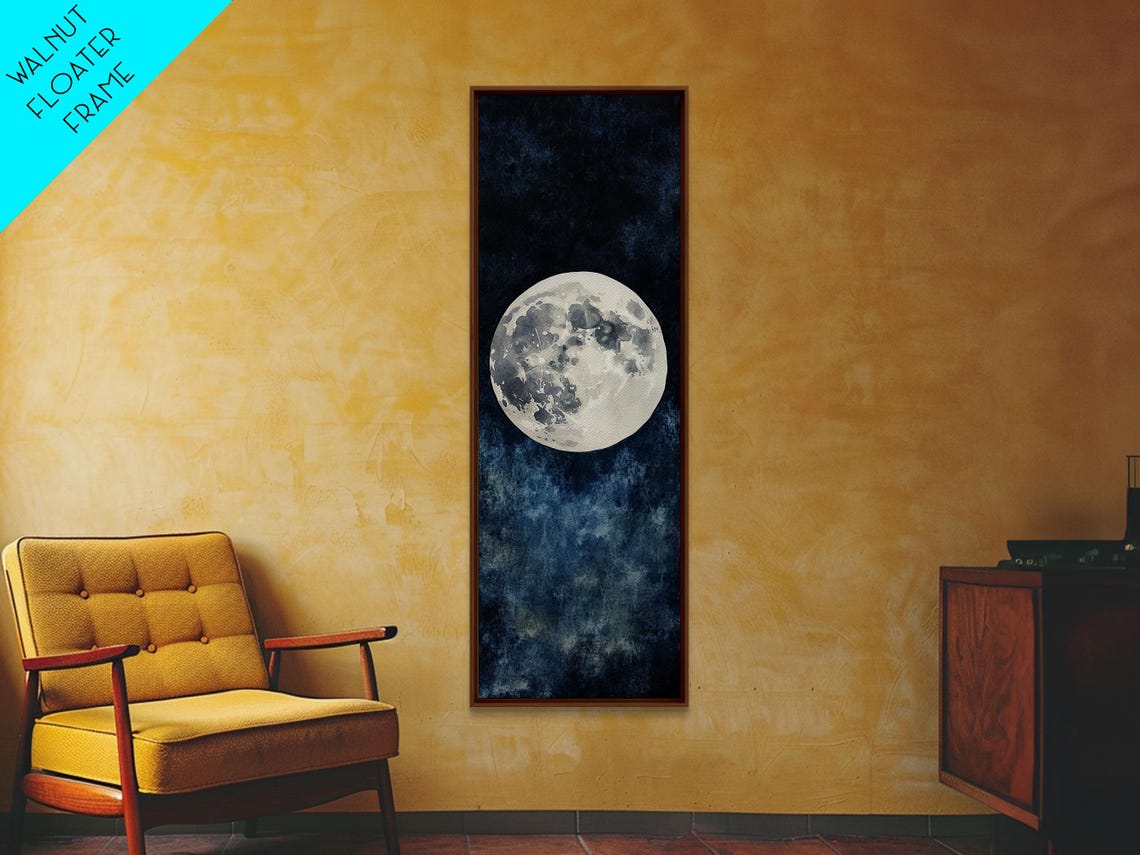 Full Moon Night Sky Glow Dark Blue Celestial Watercolor Wall Art - Image 3